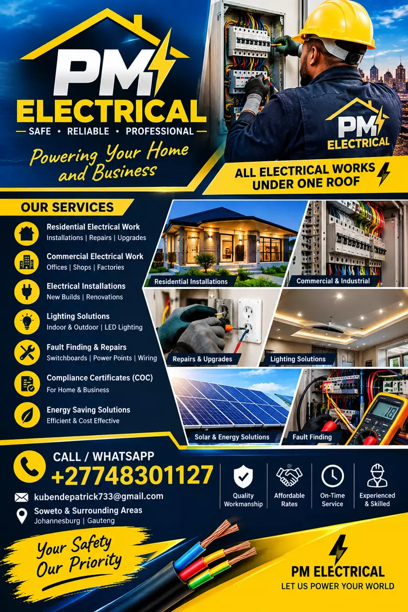 PM Electrical promotional flyer listing services including residential electrical work, commercial electrical work, installations, lighting solutions, fault finding and repairs, COC certificates, and energy saving solutions